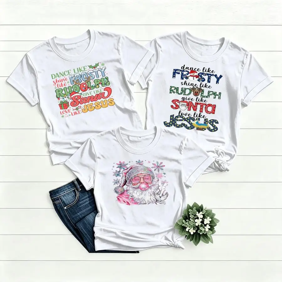 3Pcs Christian Christmas Women T Shirt Love Like Jesus Graphic Printed Plus Size Tee Santa Claus Holiday Party Tops Faith Clothes