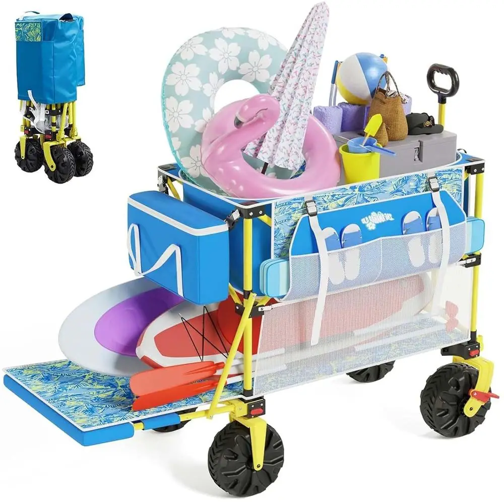 

Пляжная тележка с двумя ярусами и охладителем, объемом 40 л, грузоподъемностью 450 фунтов, длинным ремнем 54 дюйма, колесами для любой местности и тормозами.