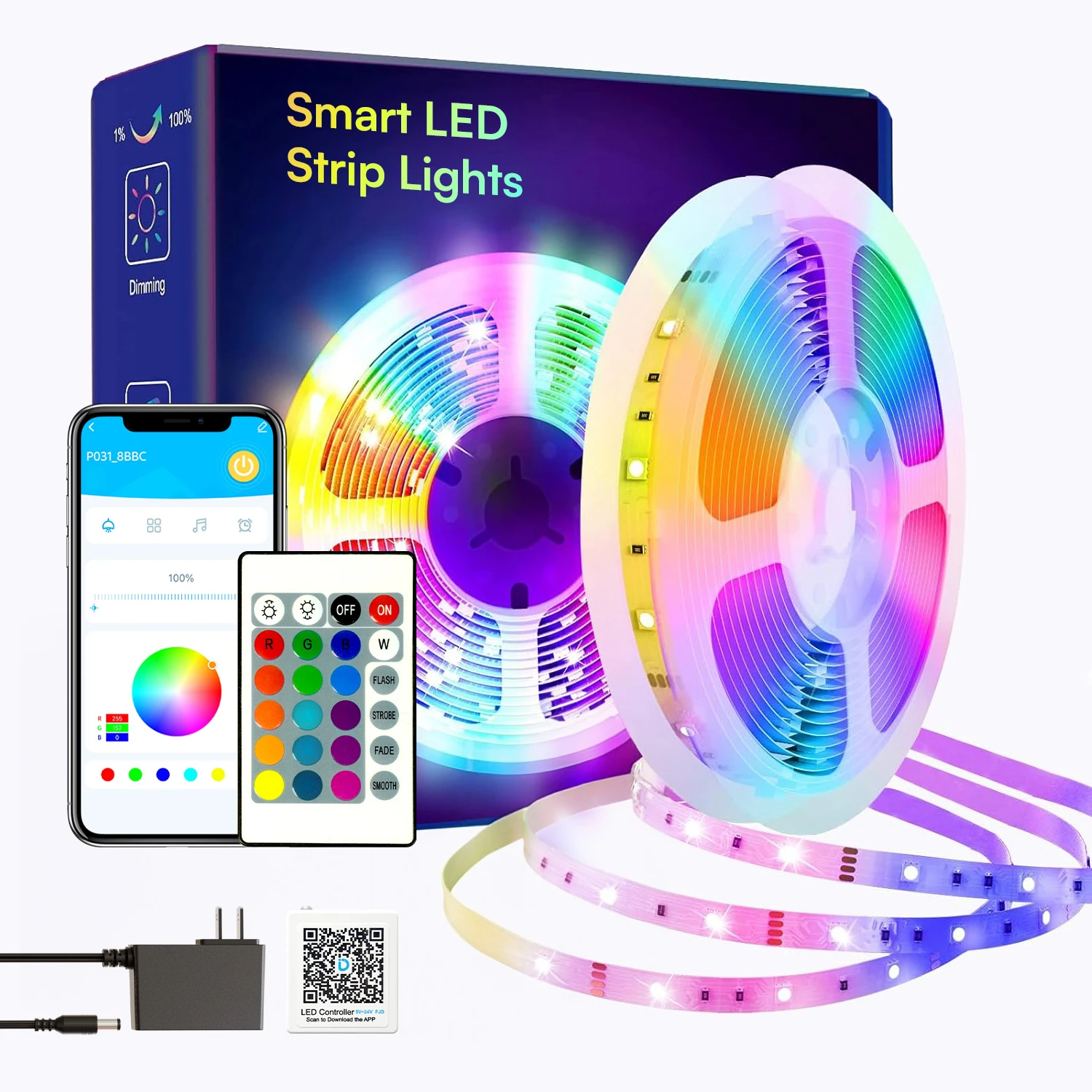 Barra de luz LED de 260/200/130/100 pies, 80/60/40/30 metros, barra de luz inteligente con control remoto por aplicación, dormitorio LED RGB, hogar, decorativa