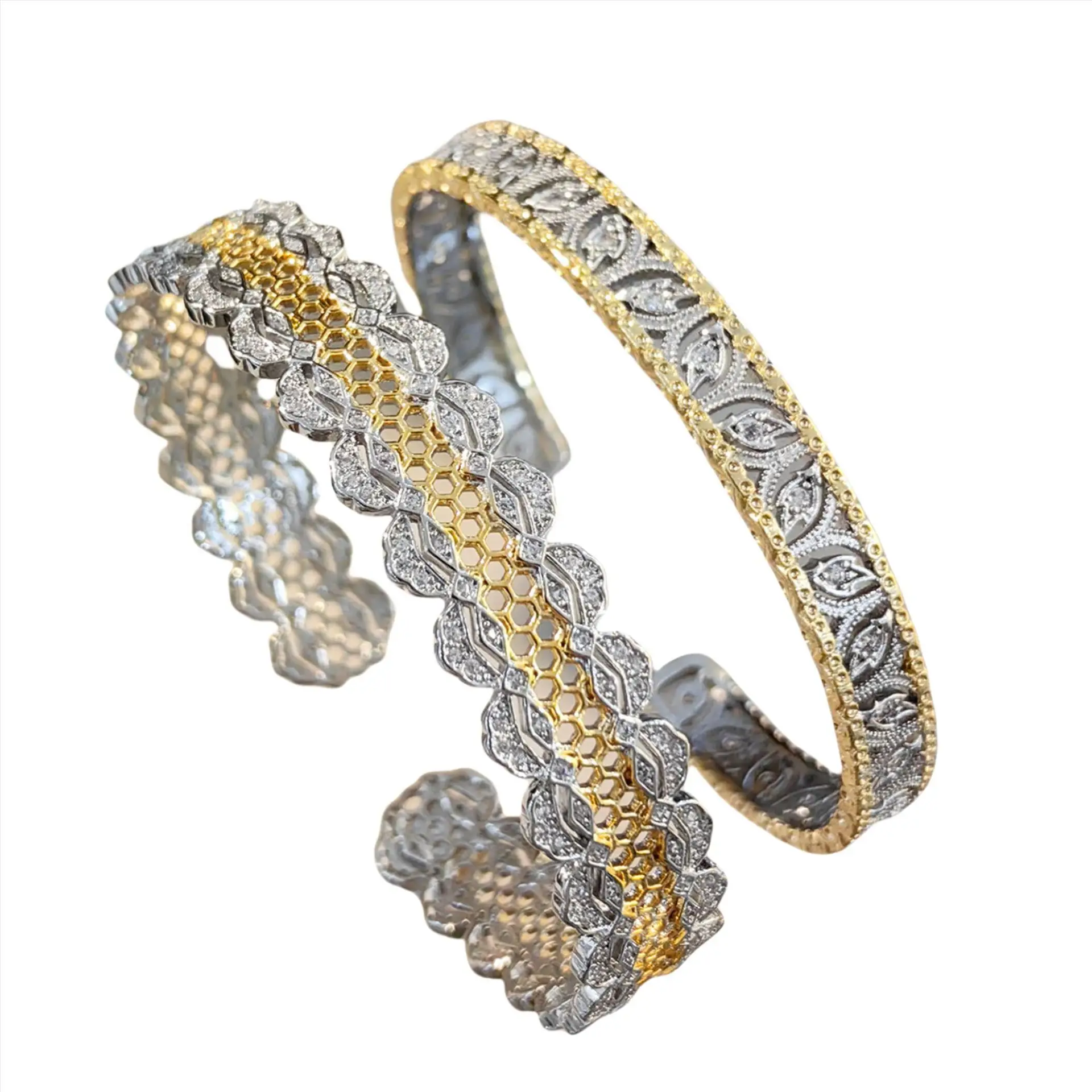 S925 Sterling Silver Lace Weave Bracelet For Women Engraved Gold Iris Two Tone Gold With Glittering Diamond Embellishments