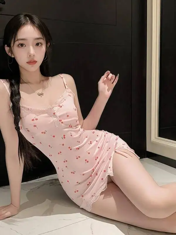 ชุดเดรสลูกไม้เซ็กซี่เว้าหลังพร้อม V ลึกและกลวงออกสำหรับผู้หญิงสายรัดดอกไม้ชุดมินิเชอร์รี่พิมพ์ที่มีเสน่ห์พร้อมแผ่นรองหน้าอก CHA2