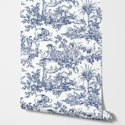 Toile Navy Wallpaper with ancient Warriors and elephant, Forest style engrave print wallpaper