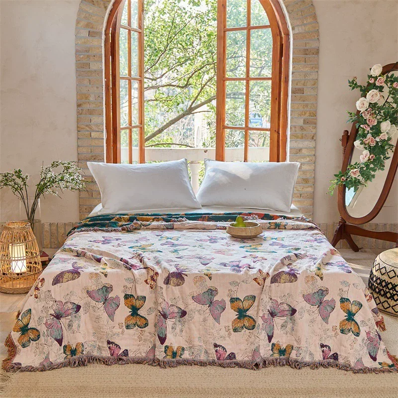 New Luxury Cotton Blanket Throw Versatile Sofa Cover Skin-friendly Nap Bed Blanket Double-sided Bedspread Butterfly Cool Quilt