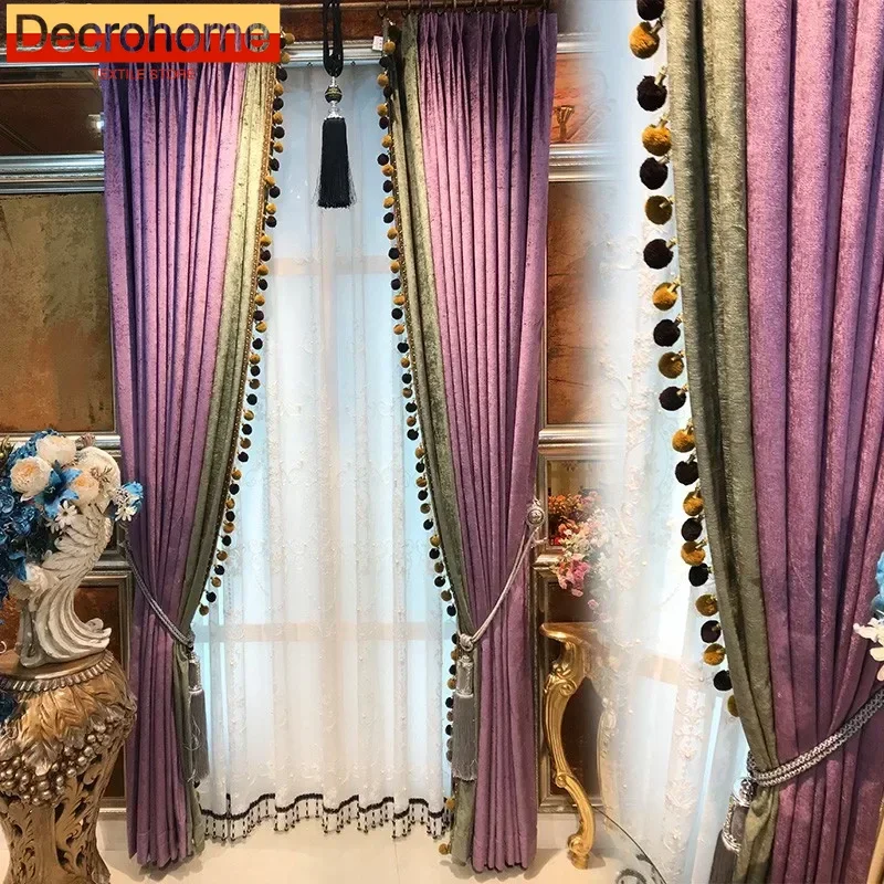 

Purple Gray Thickened Cheney Patched Curtains for Living Room Bedroom French Window Balcony Customized Villa Finished Products