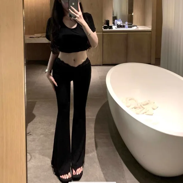 Kubiliv Ballet Lace Aesthetic Splicing High Waist Slim Slim Bell-bottom Pants Drape Micro Casual Pants Commuting