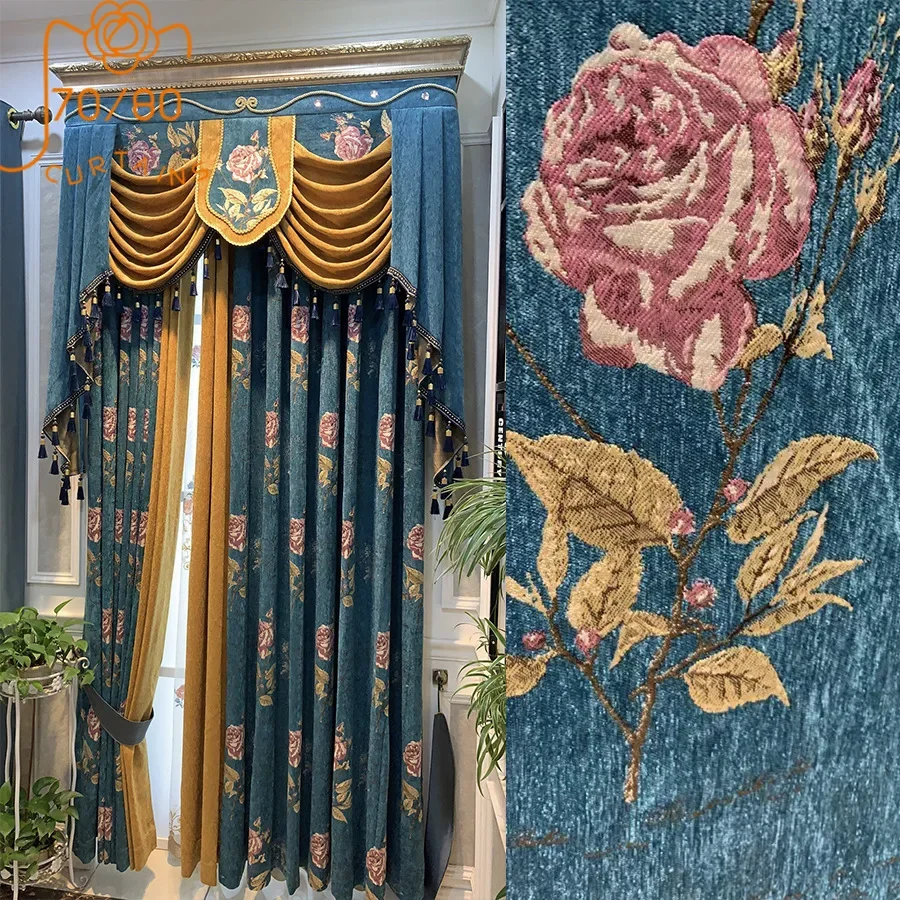 

Upscale Thickened Blue Chenille Jacquard Patched Curtains for Living Room Bedroom Villa French Window Customized Valance