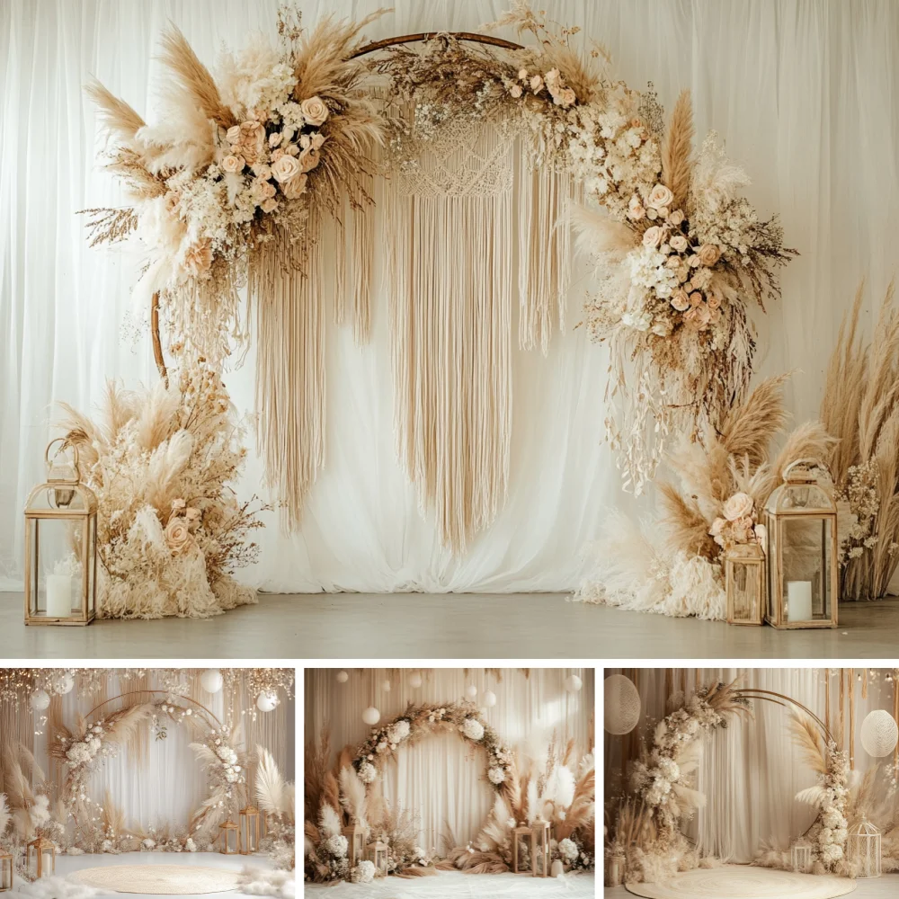 Bohemian Wedding Backdrops Flowers Arch Beige Drape Vintage Brick Floral Arch Neutral Photography Backgrounds For Photographs