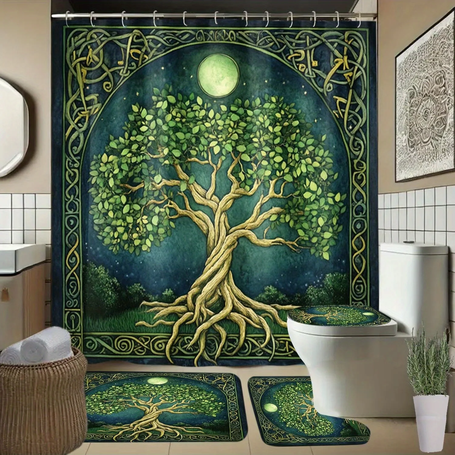 

4pcs Tree, Moon, Starry Sky Pattern Shower Curtain with Hooks, Bathroom Partition Curtain, Bathroom Accessories, All-Season