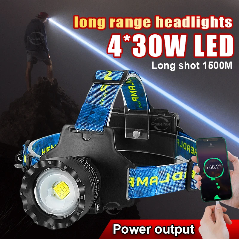 4*30W Brightest Led Headlamp XHP360 Rechargeable Headlight Head Torch Waterproof Head Flashlight Work Camping Head Lamp