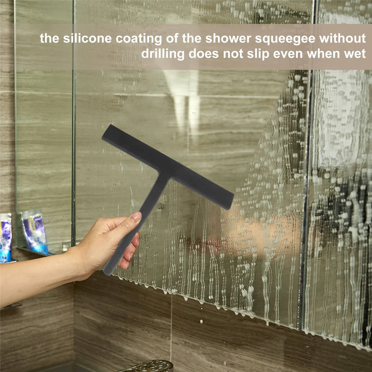 Shower Squeegee, Silicone Window Squeegee Black Wiper Without Drilling Shower Cleaner with Hanging Hook