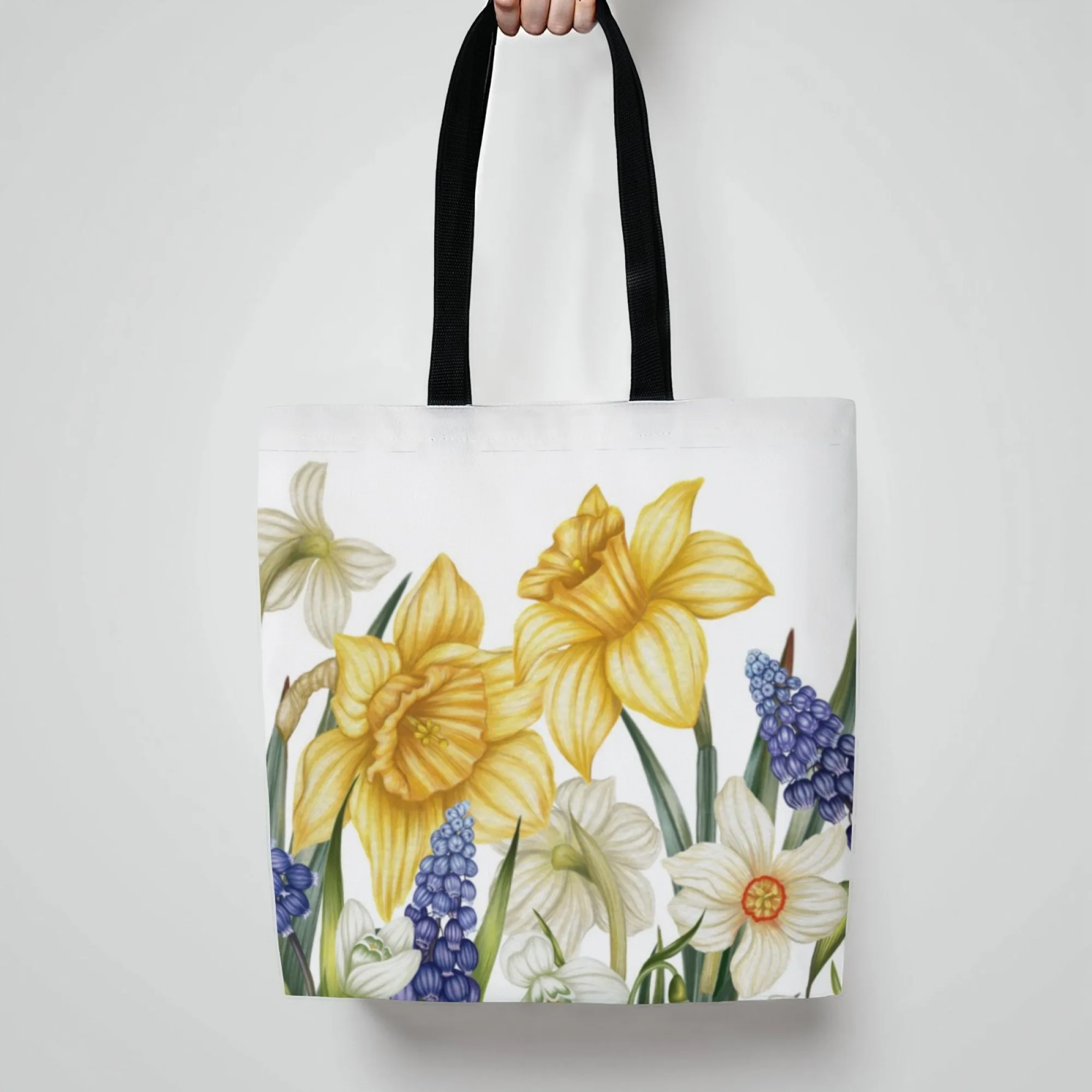 النرجس البري والعنب صفير Aficionado حقيبة تسوق قماشية للنساء الأزهار موضوع قابلة لإعادة الاستخدام حقيبة تسوق مثالية لمحبي فن الحديقة