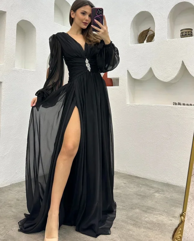 

Arabic Deep V-Neck Chiffon Evening Dress Fashion Puff Sleeves A-Line Modest Vintage Wedding Party Gowns For Women 2024customized