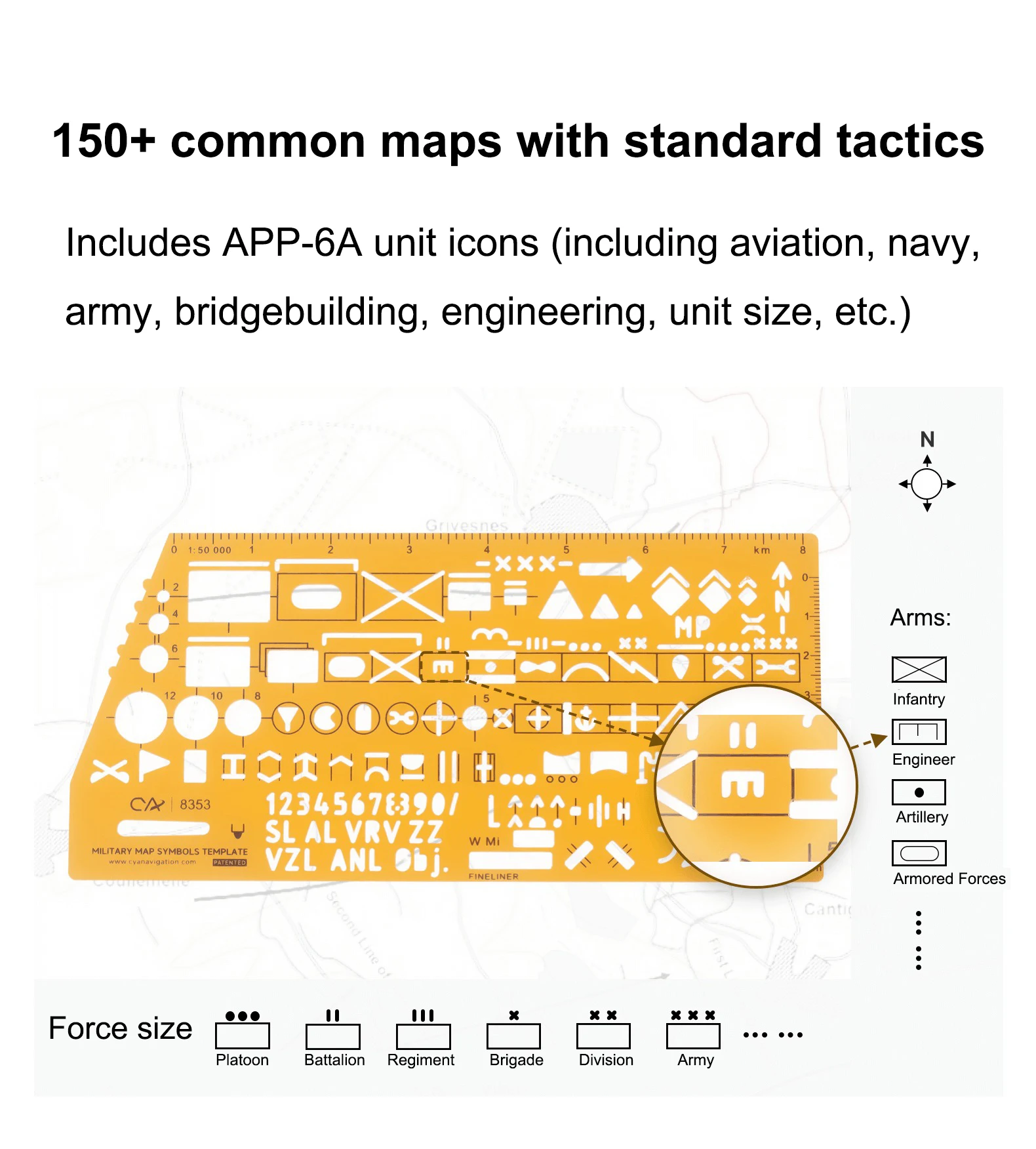 NATO Military Stencil Template Ruler 8353 - 150+ APP-6A Symbols for Army, Combat Support | 1:50K Scale Tactical Map Tool