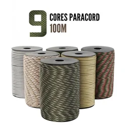 Corda Paracord padrão militar, cabo de paraquedas ao ar livre, guarda-chuva de sobrevivência, correia de cordão, 9 núcleos, 4mm, 100m, 550