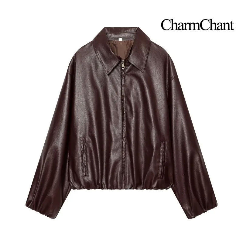 CHARMCHANT Women's PU Leather Point Collar Bomber Coat Zip Up Cropped Relaxed Fit Long Sleeve Jacket Club Night Fall 2026