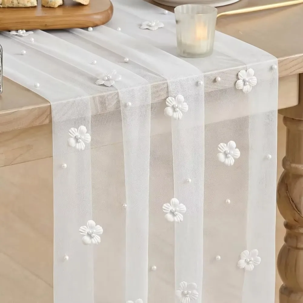 75*300CM Tulle Table Runner Romantic Semi-Transparent Floral Table Runner Elegant Polyester Lace Table Runner
