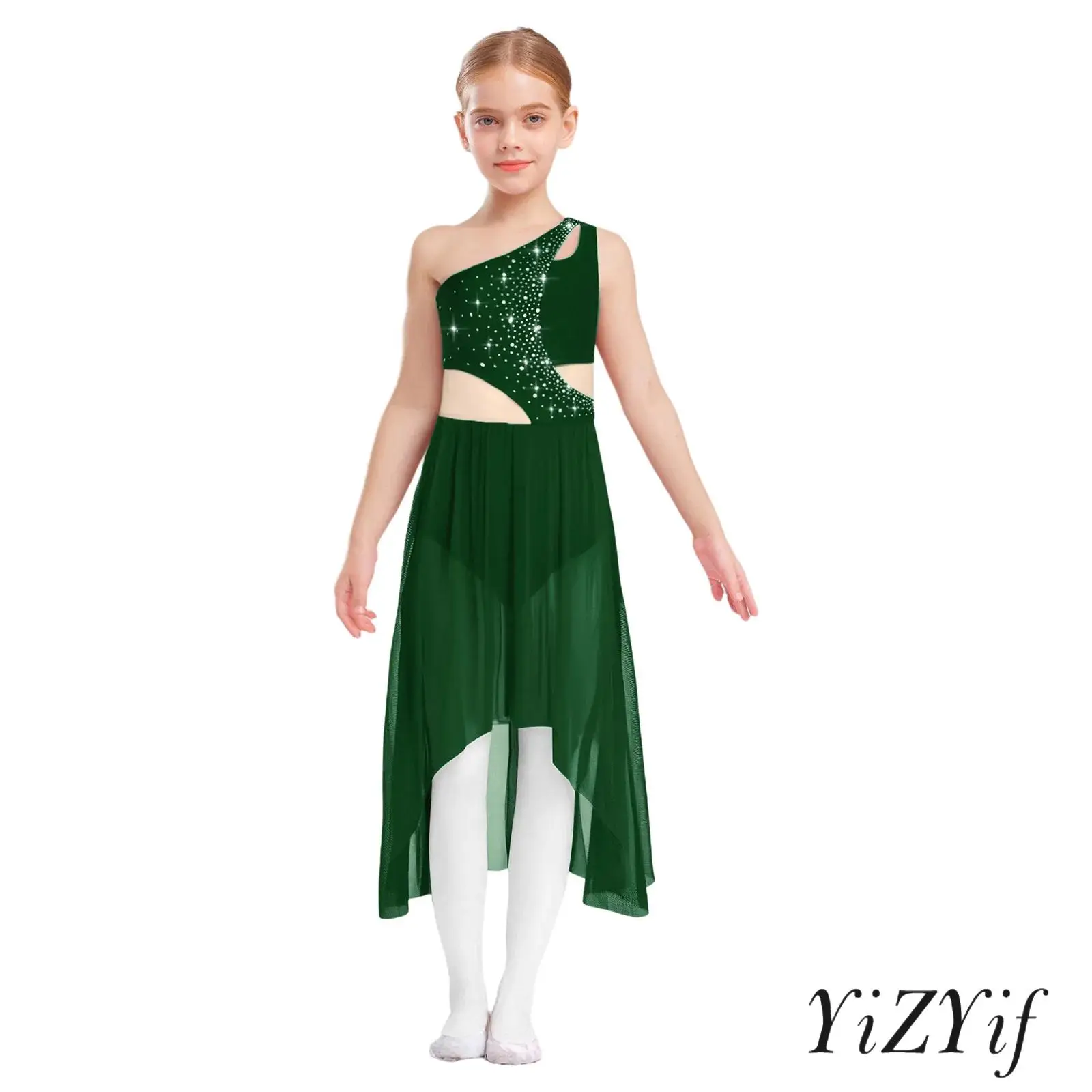 

Girls Sparkling Rhinestone Sleeveless lOne-Shoulder Dance Dress Cutouts Secure Closure for Lyrical Performances Recitals