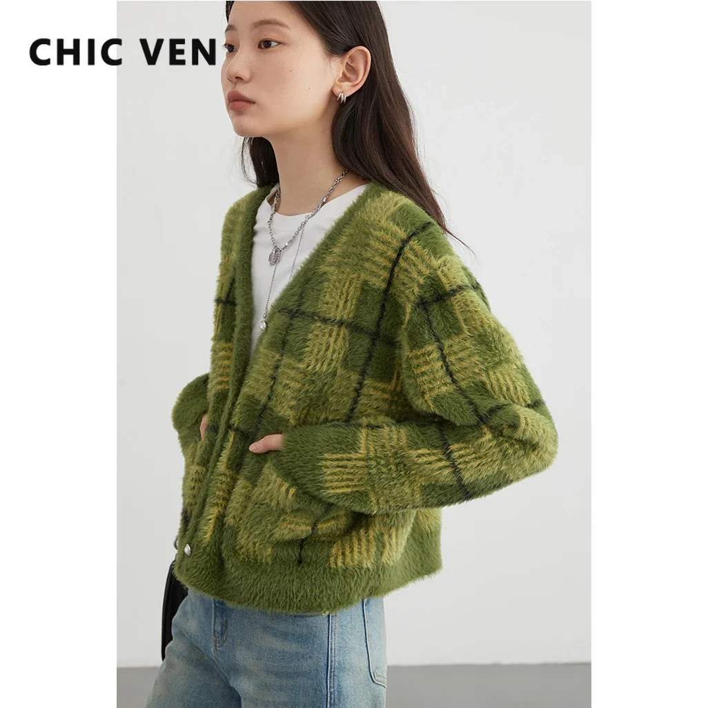 CHIC VEN Women\'s Cardigan Single Breasted New Vintage Plaid Sweater Soft Woman Jumpers Female Top Winter Autumn 2023