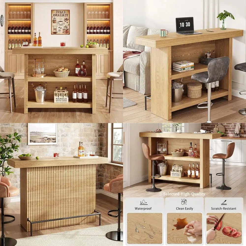 

63 2-Tier Wooden Home Bar Table with Black Bootrest, Perfect for Indoor Dining or Bistro Use