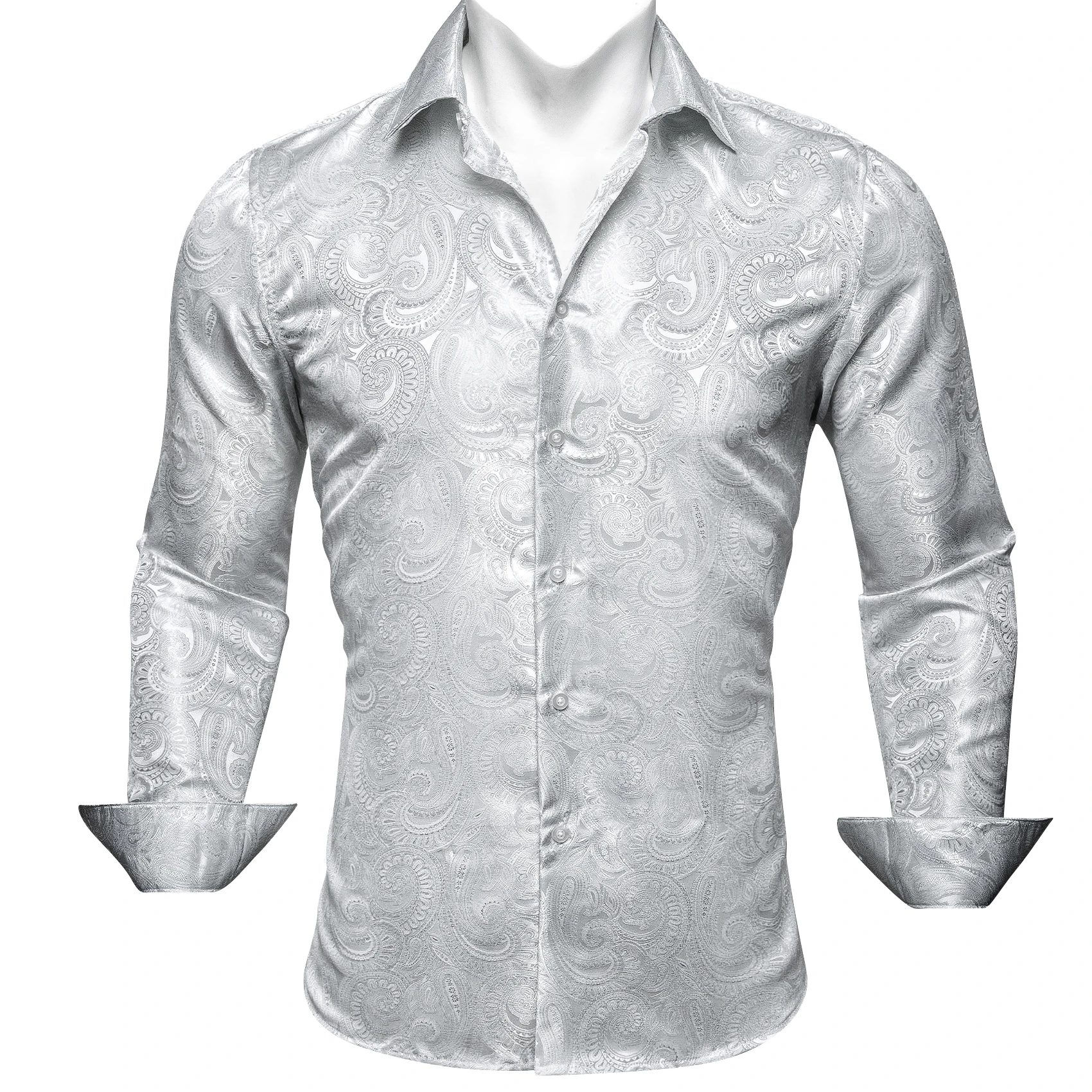 Luxury Silk Shirts for Men White Silver Gray Paisley Long Sleeved Embroidered Tops Formal Casual Regular Slim Fit Blouses 612