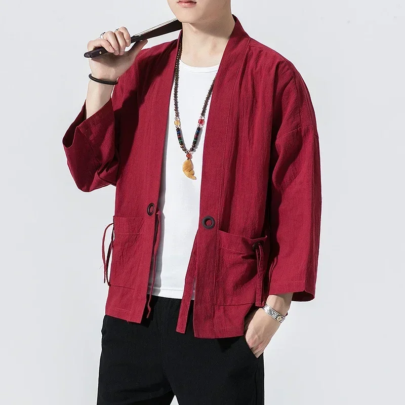 Cotton Linen Kimono Cardigan Men Japanese Obi Male Yukata Men Haori Thin Causal Samurai Clothing Traditional Streetwear Jacket