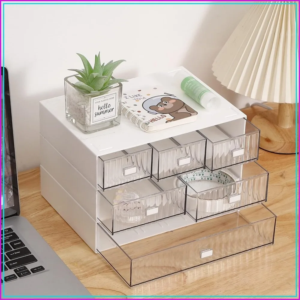 6-Drawer Desk Organizer Stackable Storage, Clear Drawers for Office & Makeup, White