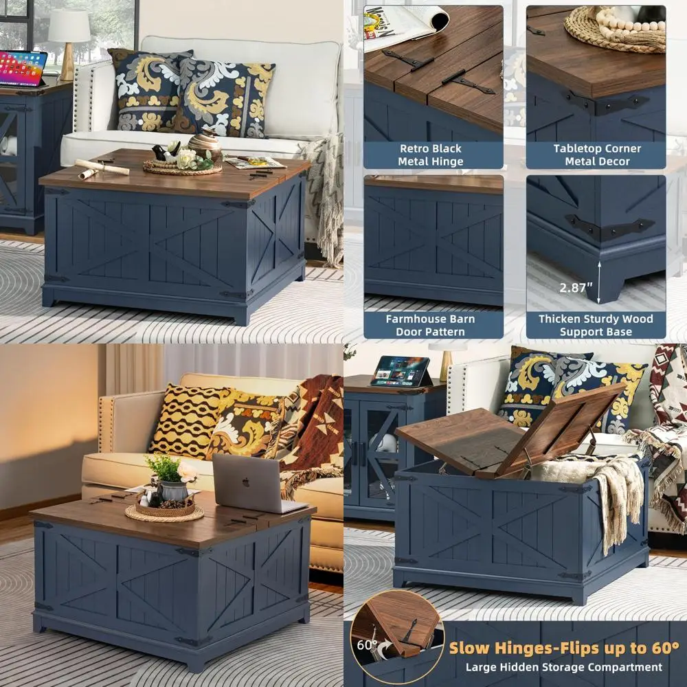 

Modern Farmhouse Coffee Table with Hidden Storage, Large Square Navy Blue Center Table for Living Room