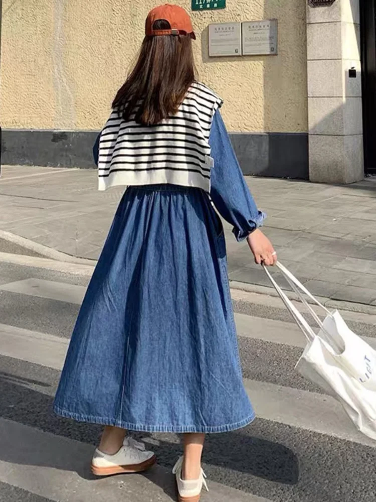 [EWQ] Korean Style Lace Up Waist Denim Shirt Dress Vintage Single Breasted Long Sleeve Dresses Women 2024 Spring Autumn 16U7978