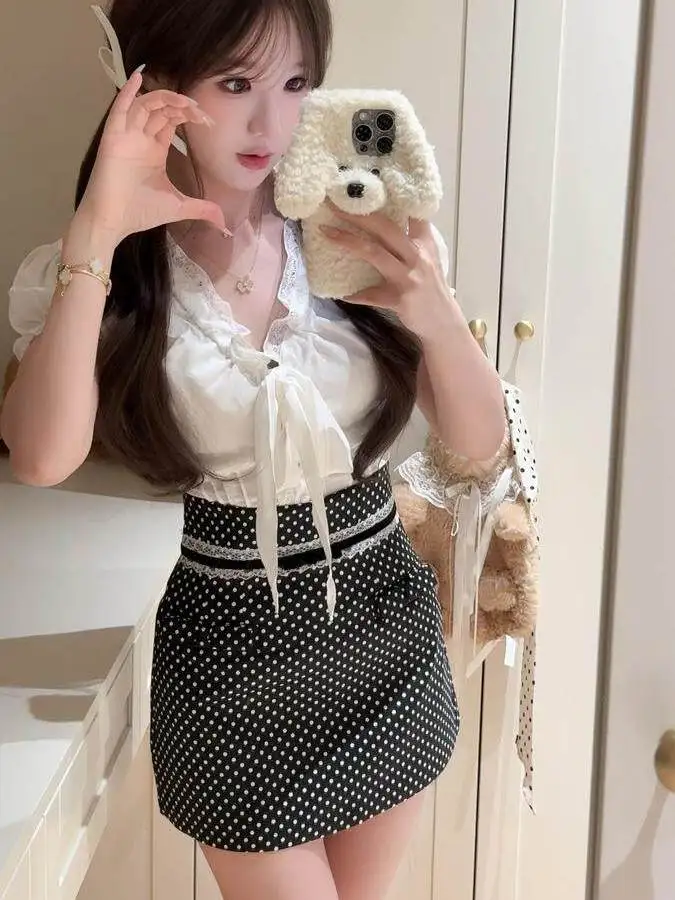 

Summer Fashion Set for Women with Wooden Bow Bubble Sleeve A-Line Dress And Half Skirt Two-Piece Ensemble Casual Wear