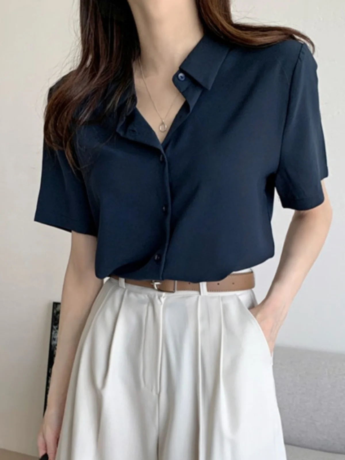 Elegant Summer Chiffon Shirt Women's Fashion Sense Design Ageless Vintage Top Commute Style Short Sleeve Collar
