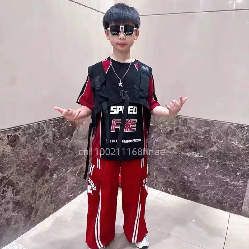 Traje de performance de dança de rua hip-hop infantil, conjunto de colete de hip-hop para meninos, trajes de performance de dança de jazz vermelho e preto