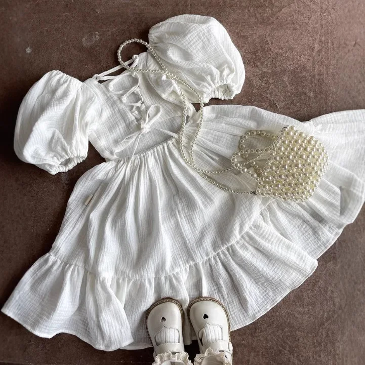 

Childrens Dress Spring and Summer New Girls Floral Cotton and Linen Bubble Sleeve Lace Up Dress Kids Clothes Girls