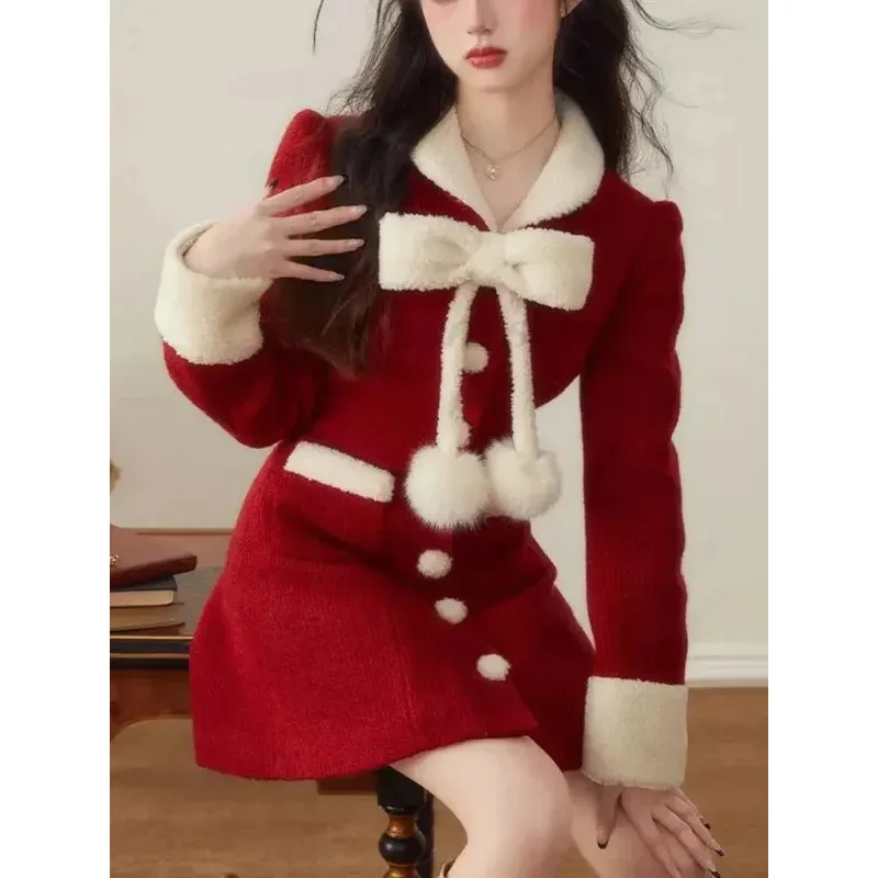 جديد 2025 فستان أحمر دافئ للشتاء والكريسماس للنساء بفيونكة محبوكة كورية كلاسيكية صغيرة حلوة بأكمام طويلة فستان فرنسي عتيق ☆ ★ ☆ ★ كيو أوم [8