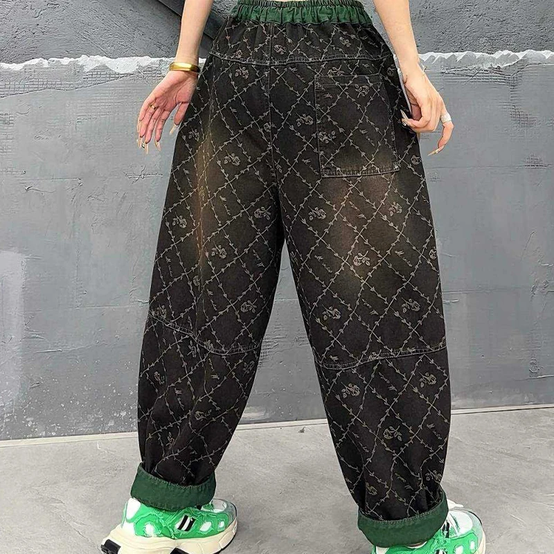 Masss Wasss Fashion Embroidery Jeans Womens Fashion Floral Mesh Denim Pants Ladies Classic Elastic Waist Vintage Harem Trousers