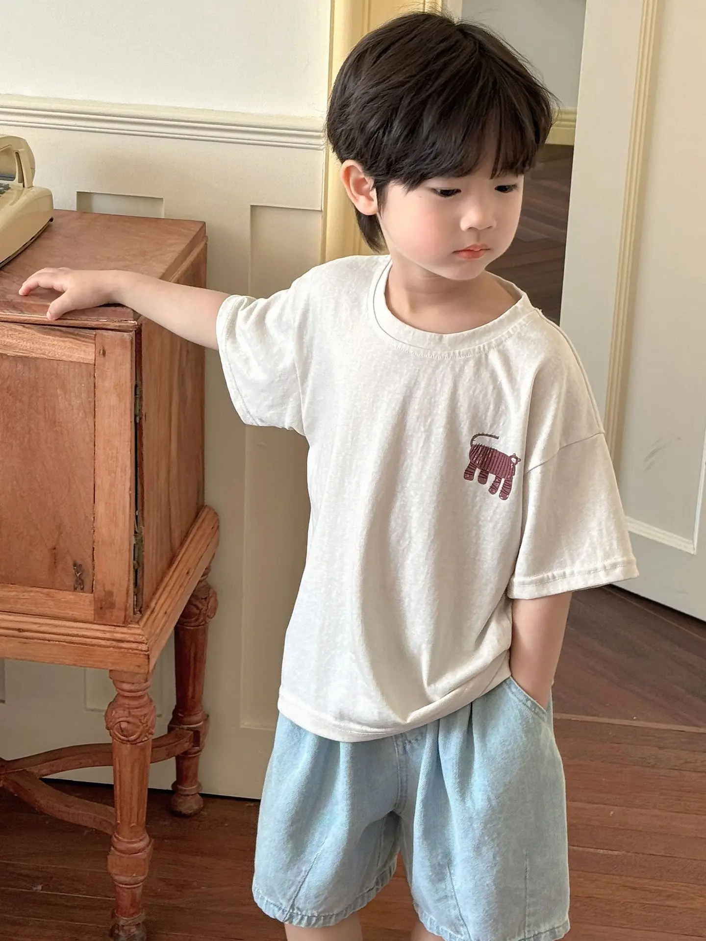 Boys Shirts Chlidren Clothes Summer Korean Style Casual Simple Loose Short Sleeve T-shirt Cartoon Printed Solid Color Shirts