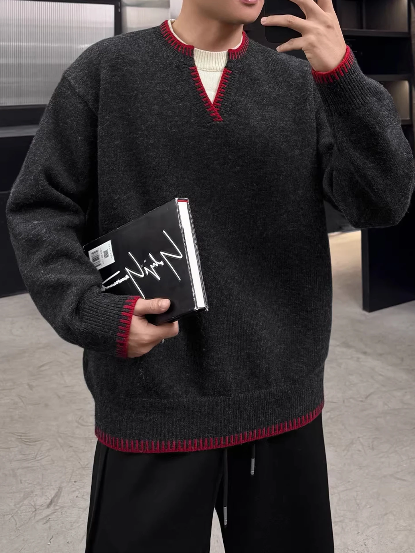 

Men's V-ne Mixed Color Knitwear Long Sve Warm Casual Sle Faion Loose Fit Polyester Fiber Autumn Winter New Arrival