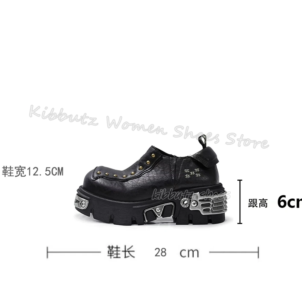 Gothic Rivets Pumps Metal Decor Rock Punk Fashion Elegant Sexy Genuine Leather Slip-On Women Shoes Newest Round Toe Chunky Heels