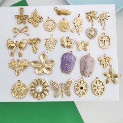 1pc Stainless Steel Pendant Charm Big Small Flower Tree Butterfly Bow Leaves Tulips PVD Gold Color Waterproof Custom Wholesale