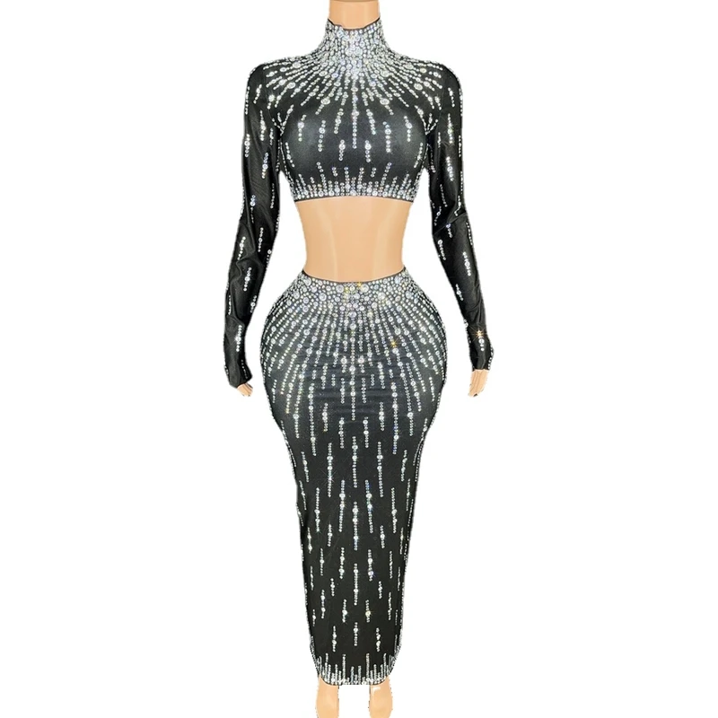 

Sparkly Rhinestones Two-Pieces Dress Crop Top and Long Skirt for Women Sexy Evening Celebrate Birthday Dress Photo Shoot Wear