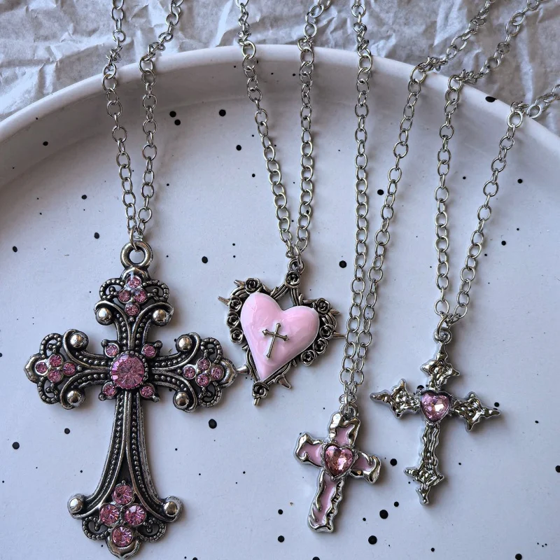 4Pcs Gothic Pink Cross Heart Necklace Set Silver Powder Water Diamond Piercing Cross Pendant Stackable Necklace Women's Jewelry