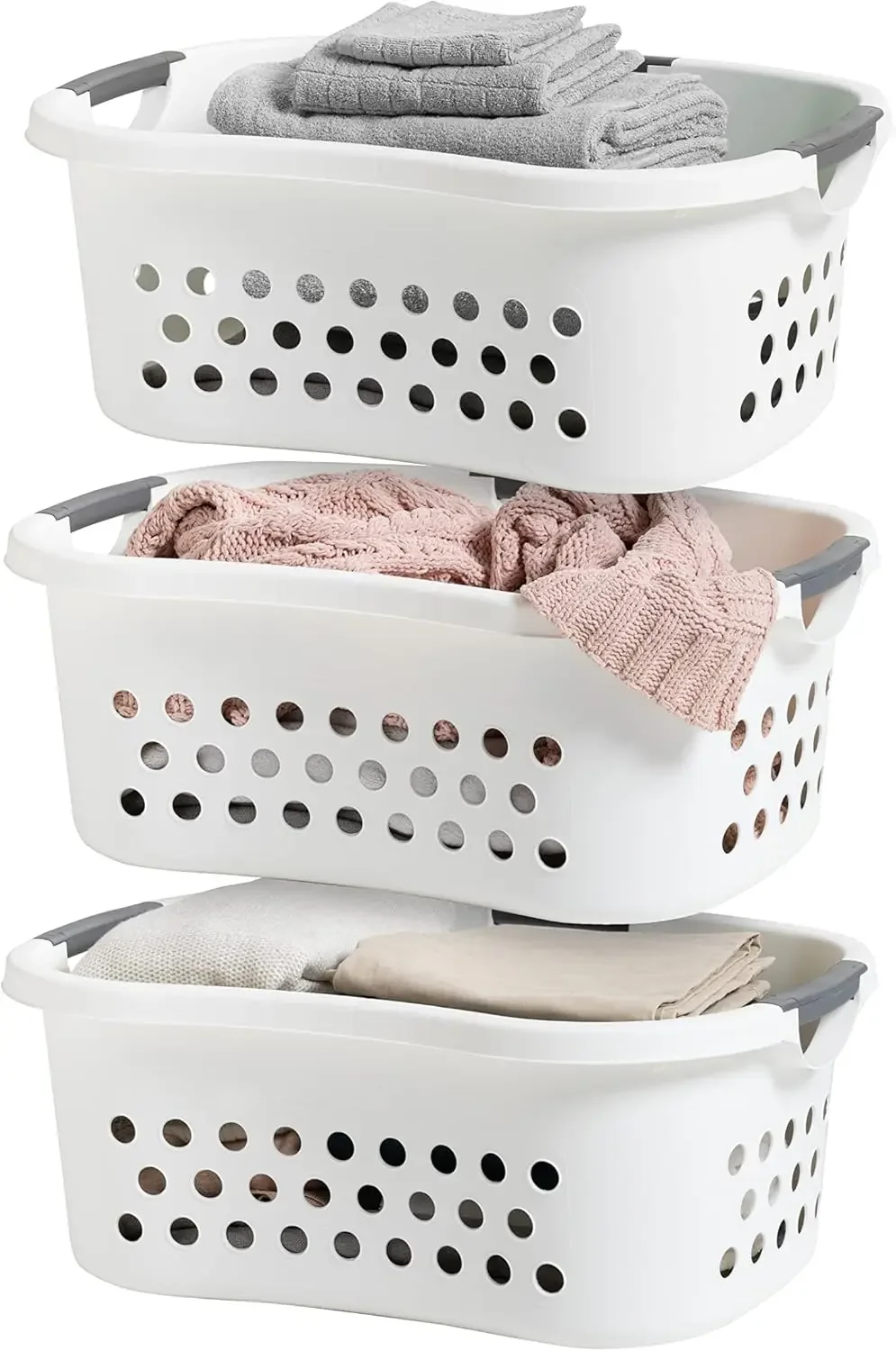 

USA Laundry Basket 50L Large Plastic Hip Hold Hamper with Built-In Comfort Carry Handles 3-Pack 1.5 Bushel Hamper