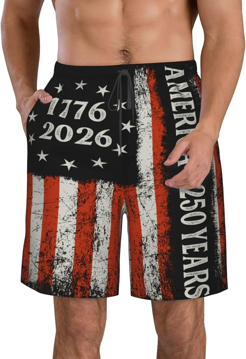 

250 Years America Flag 250th Birthday 1776-2026 Men's Swim Trunks Quick Dry Beach Board Shorts with Pockets