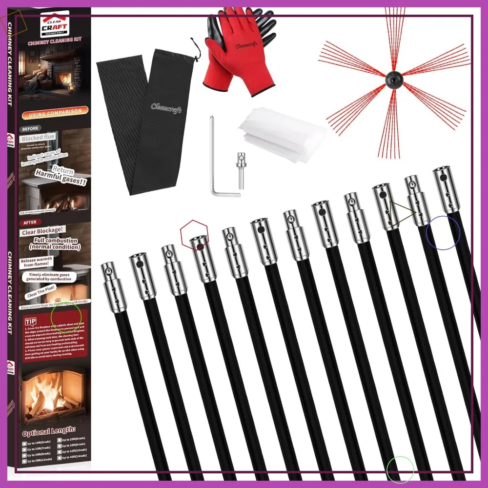 

39ft Chimney Sweep Kit with 12 Flexible Rods, Drill-Driven Rotary Cleaning System for Fireplace