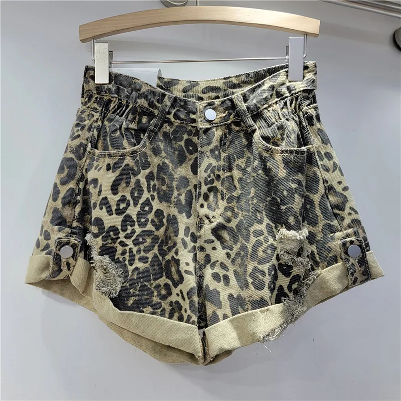 High Waist Casual Leopard Print Ripped Denim Shorts Women's Fashion A Word Curled Edge Wide Leg Hot Pants