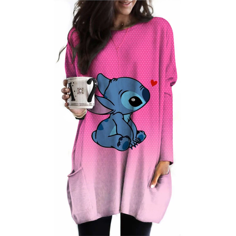 T Shirt Women New Winter Europe Fall long-sleeved Casual Pocket t-shirts Top Tshirt Clothing women's Disney Stitch print Dress ﻿