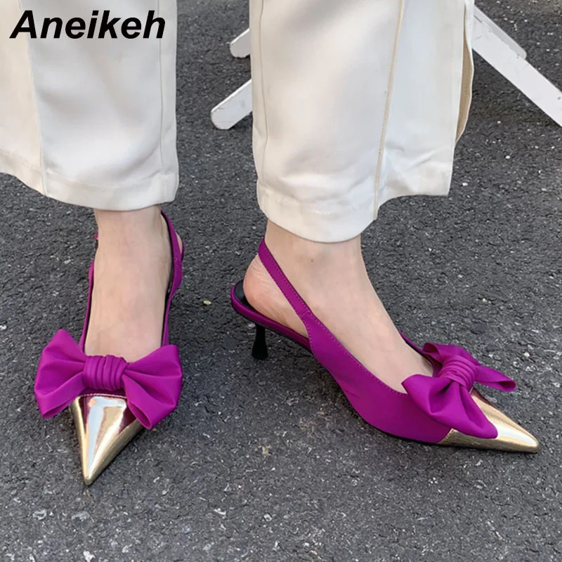 Aneikeh 2024 neue Frühling spitze Zehen flache Pumps Damenschuhe Sling back dünne High Heel Schmetterling-Knoten Party solide Schnalle Riemen