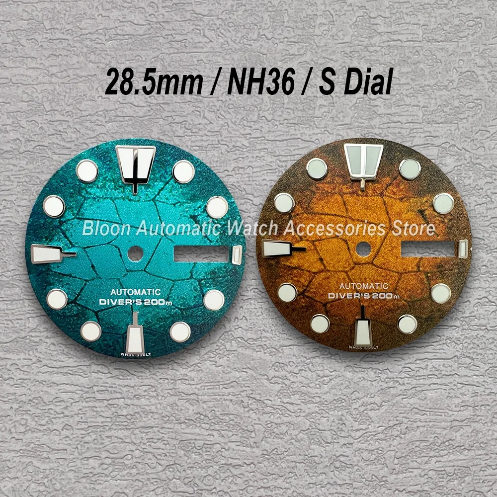 28.5mm Diving S Dial Fit NH35/NH36/4R/7S Movement C3 Green Luminous Crack Dial Mechanical Watch Modification Accessor