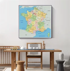 Peinture sur toile non tissée de la carte politique de la France, affiche d'art mural, salon, décoration d'intérieur, fournitures scolaires en français, 90x90 cm