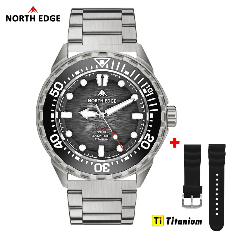 NORTH EDGE TRITON-TI Titanium RVS Zonne-aangedreven Duikhorloge Luxe Quartz Horloges voor Heren 300M Waterdicht 180+ Dagen Accu