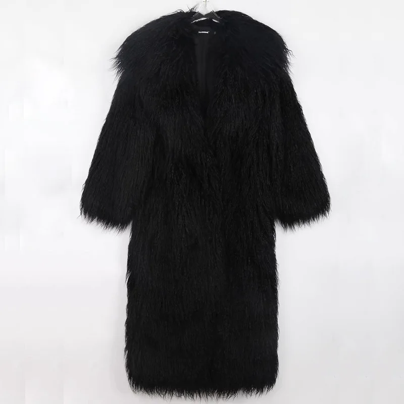 Winter Long black white Oversized Shaggy Hairy Soft Fluffy Thick Warm Faux Fur Coat Women Lapel Runway Cute Fashion